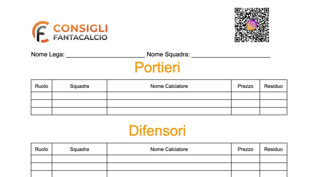Foglio per scaricare e gestire l'asta