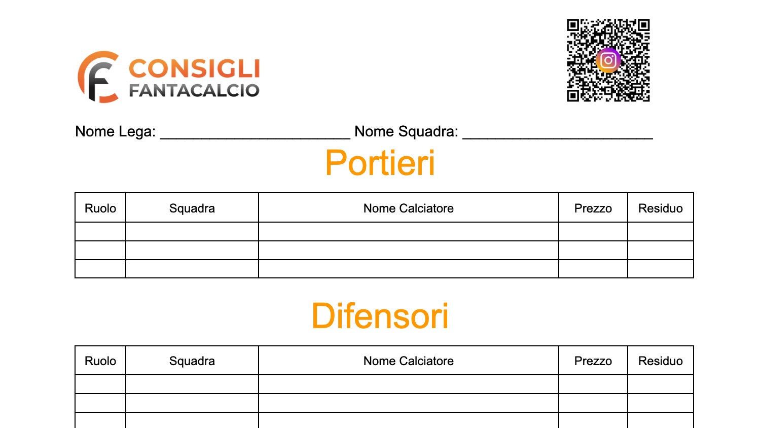Foglio per scaricare e gestire l'asta